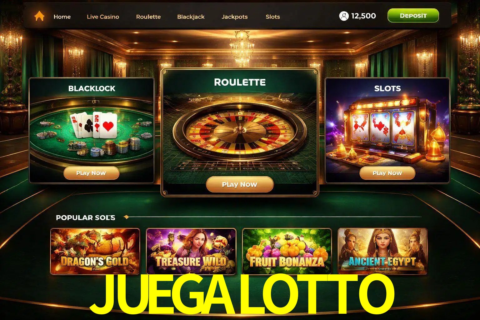 Vista de la plataforma JUEGALOTTO Casino mostrando categorías organizadas de juegos en línea